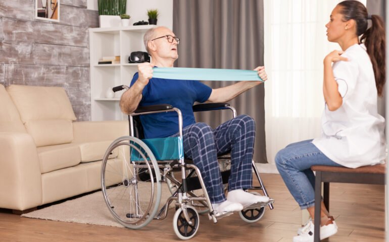 Disabled senior patient working out